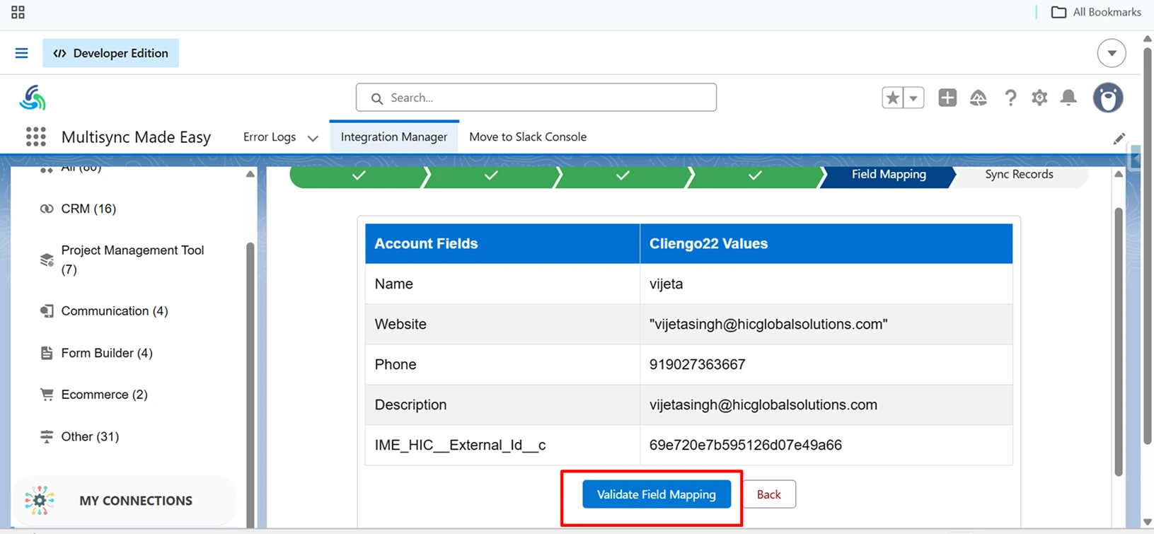 click Validate Field Mapping