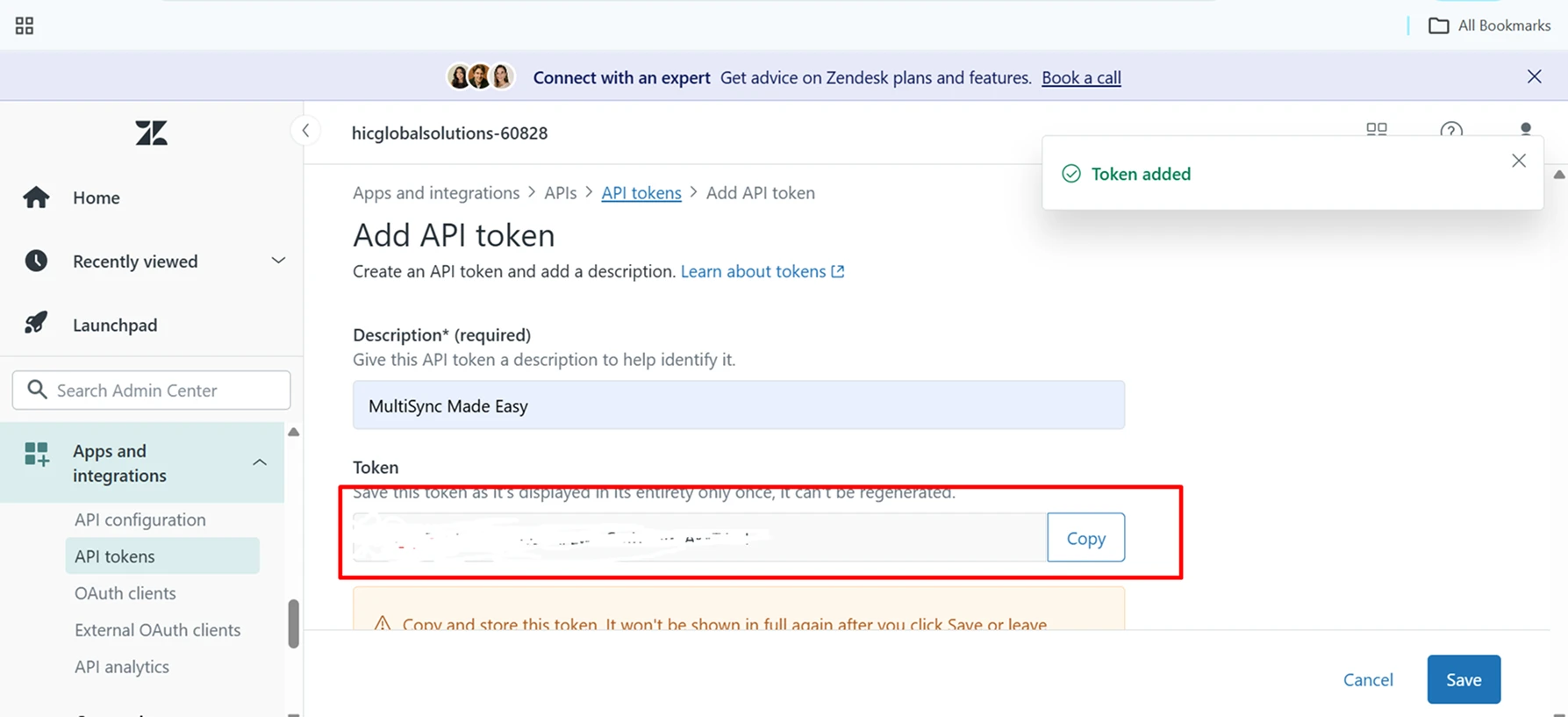 API token will be generated