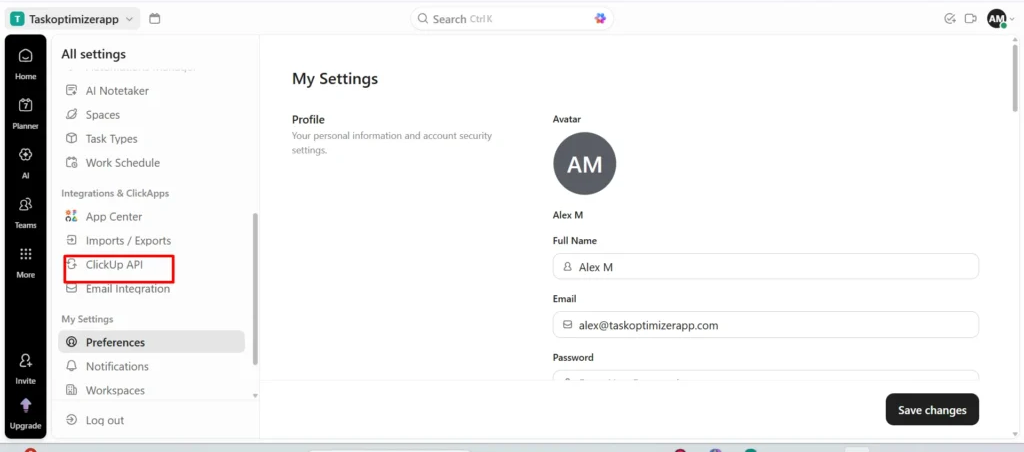 In Settings, click ClickUp API