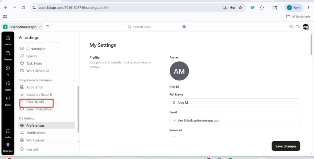 In Settings, click ClickUp API