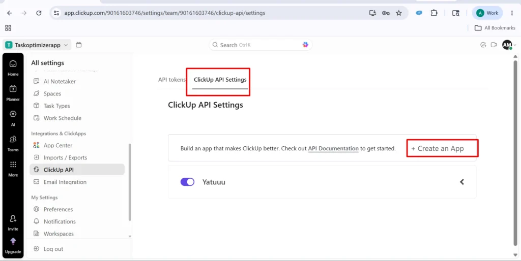 select ClickUp API Settings
